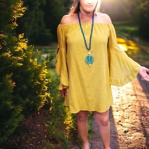 SIMI SUE Off Shoulder Boho Mini Dress Tunic Yellow Ochre Sz M
